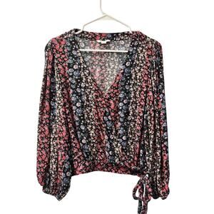 American Eagle Women's Floral Wrap Top Cropped Black Pink Blue X-Large